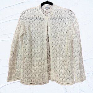 Vintage 1960s Carol Brent White Open Knit Button Down Cardigan Sweater Small